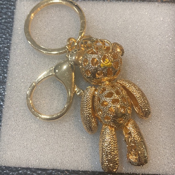 Gold White & Pink Austrian Crystal Teddy Bear Dangly Legs Keychain Purse Charm - Picture 2 of 5